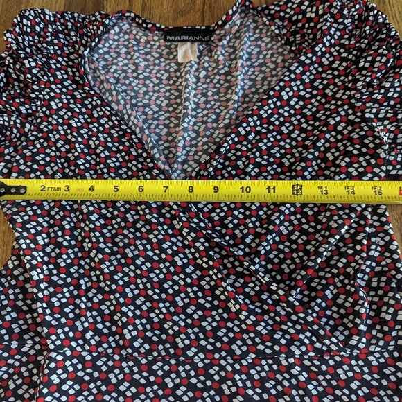 Women's Large Red, White, and Blue Block Print Flirty Dress Gathered Sleeves - Picture 4 of 7